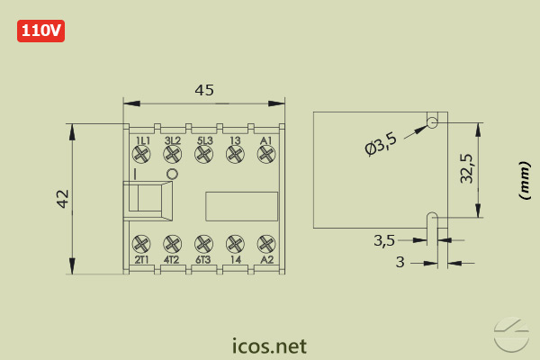 Dimensões do Mini Contator (Contator Auxiliar) Weg CW07 110V