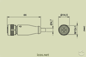 Dimensões do Conector M12 4 vias reto fêmea c/ cabo 2m em PUR