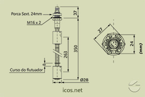 Dimensões do Sensor de Nível tipo Boia para controle de nível de líquidos LE352-1-M12